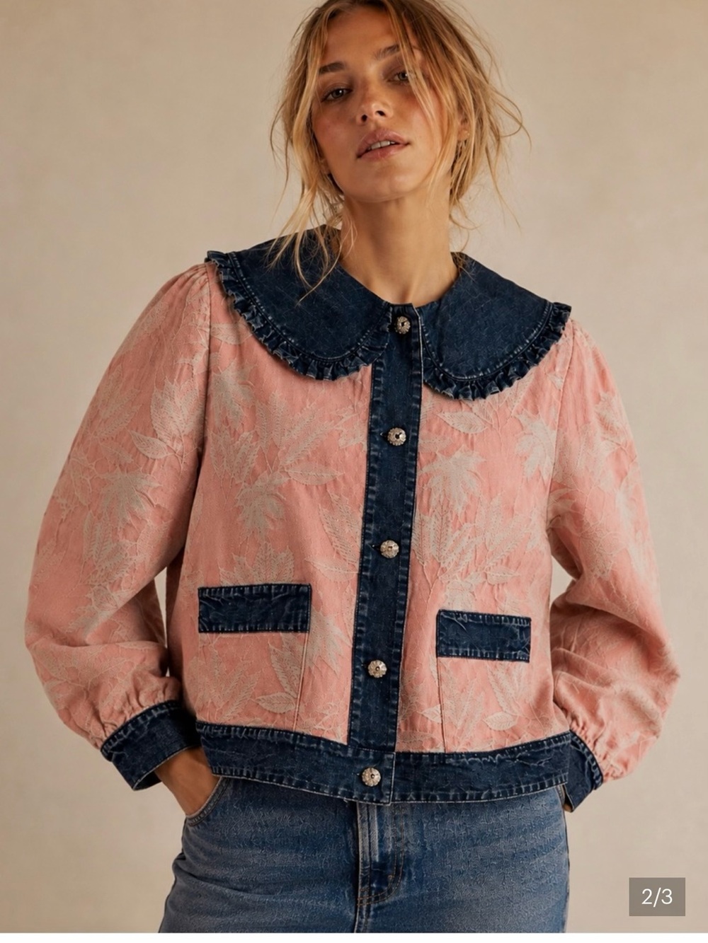 Pink Floral Jacquard Jacket with Denim Trim
